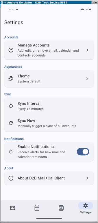 D2D Mail+Cal Client early prototype — Settings screen running in Android emulator